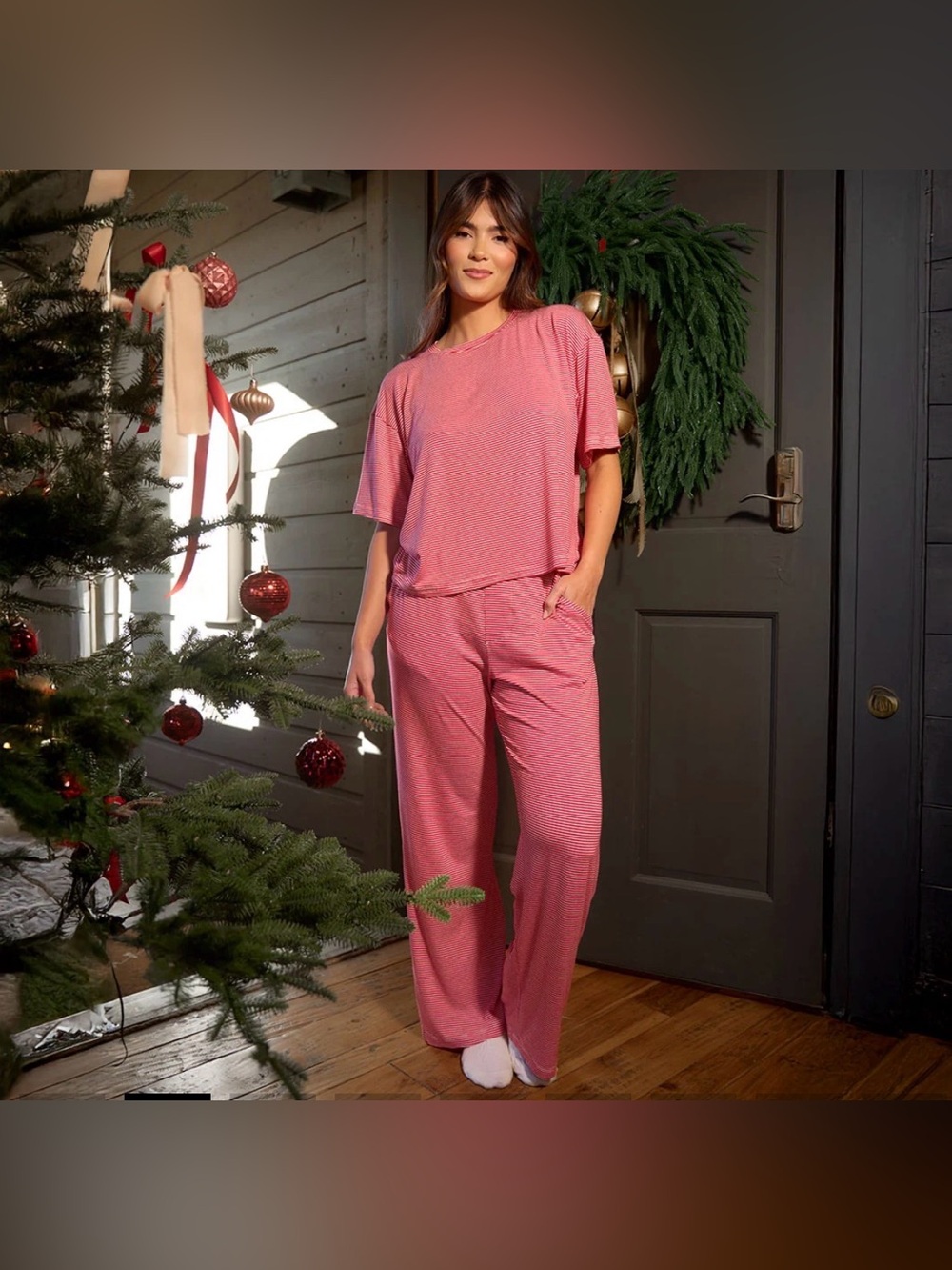 Albion Pajama Set Candy Cane Stripe Red/White. Med Oversized Top; XL Bottoms